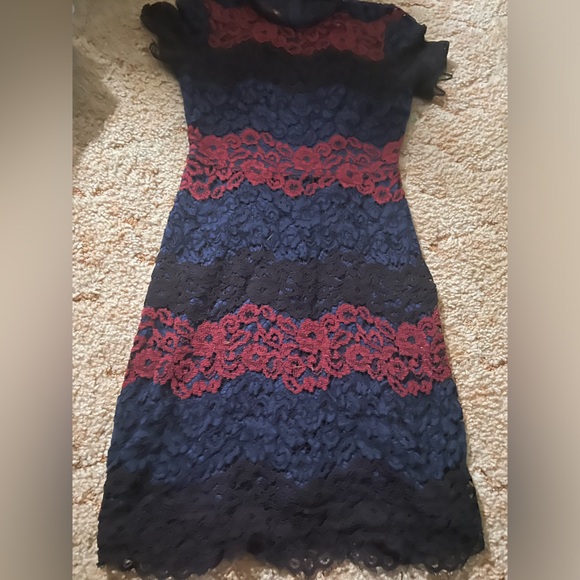 Sexy Red and Black Lace Color Block Striped Dress by Express - Picture 6 of 7
